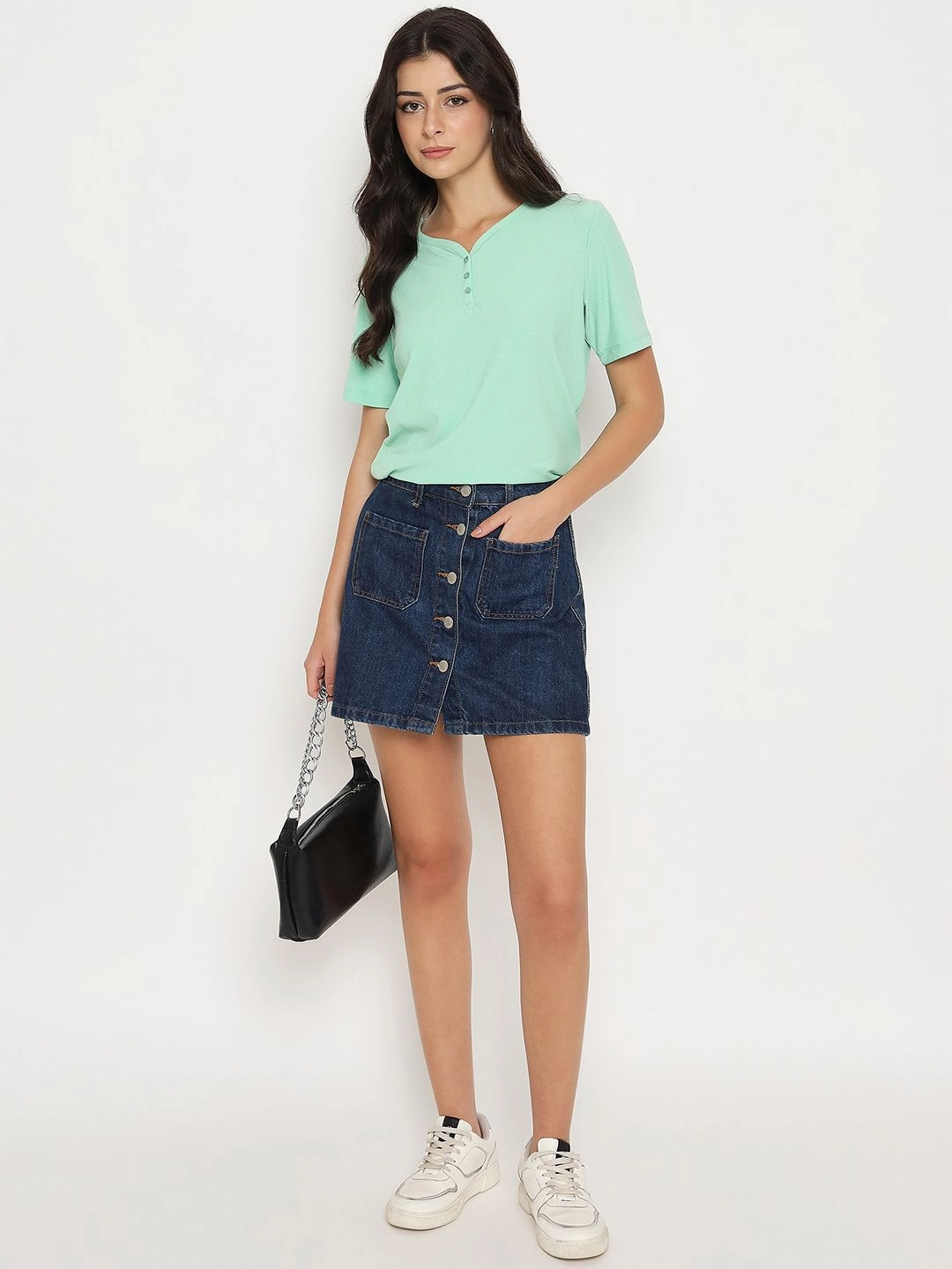 Madame Henley Neck Solid Green T-Shirt Smooth Finish