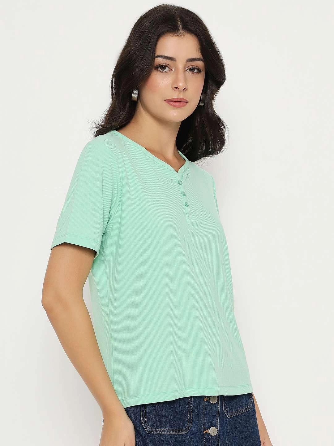 Madame Henley Neck Solid Green T-Shirt Vintage authenticity
