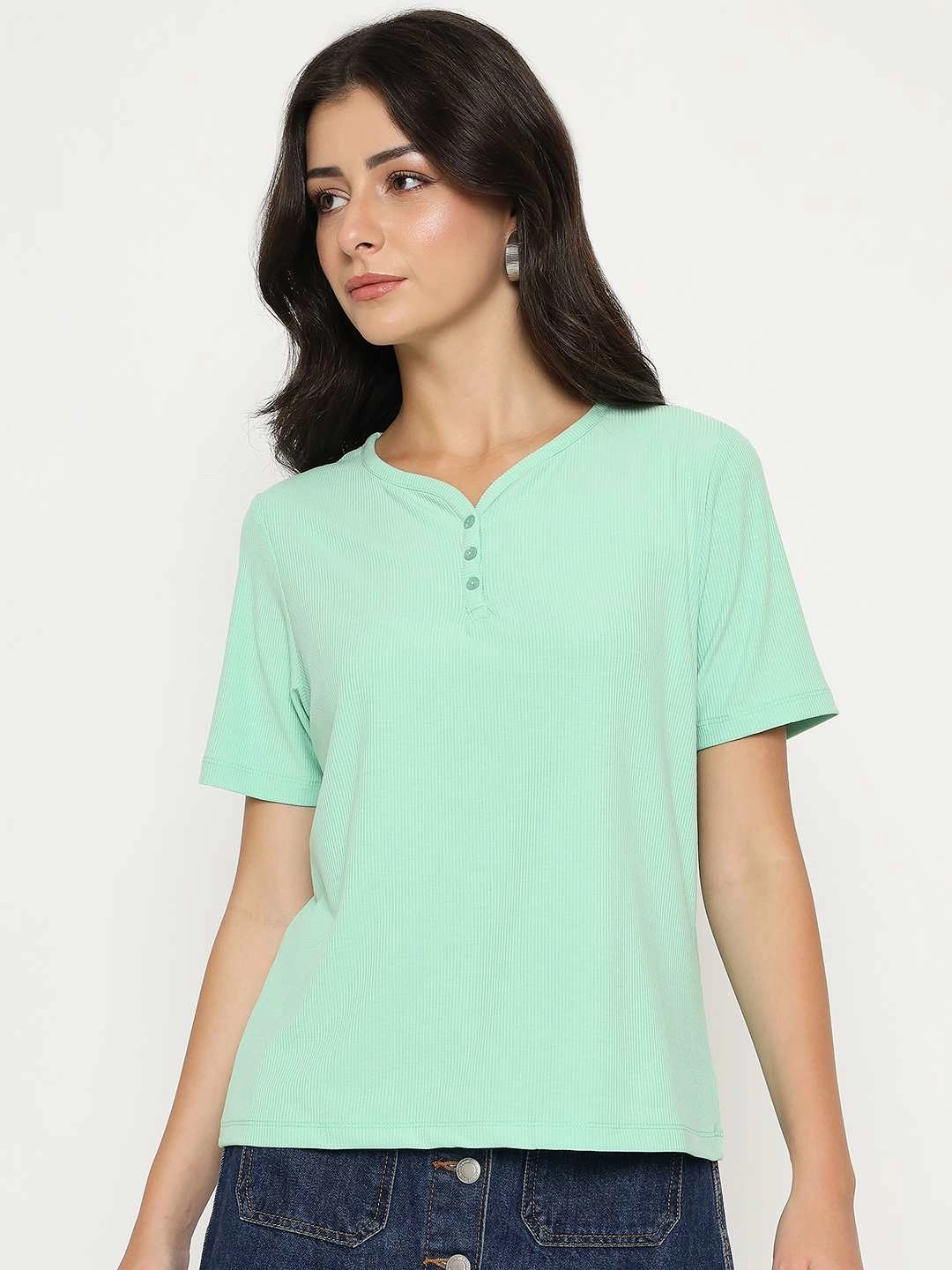 Madame Henley Neck Solid Green T-Shirt Everyday Layering