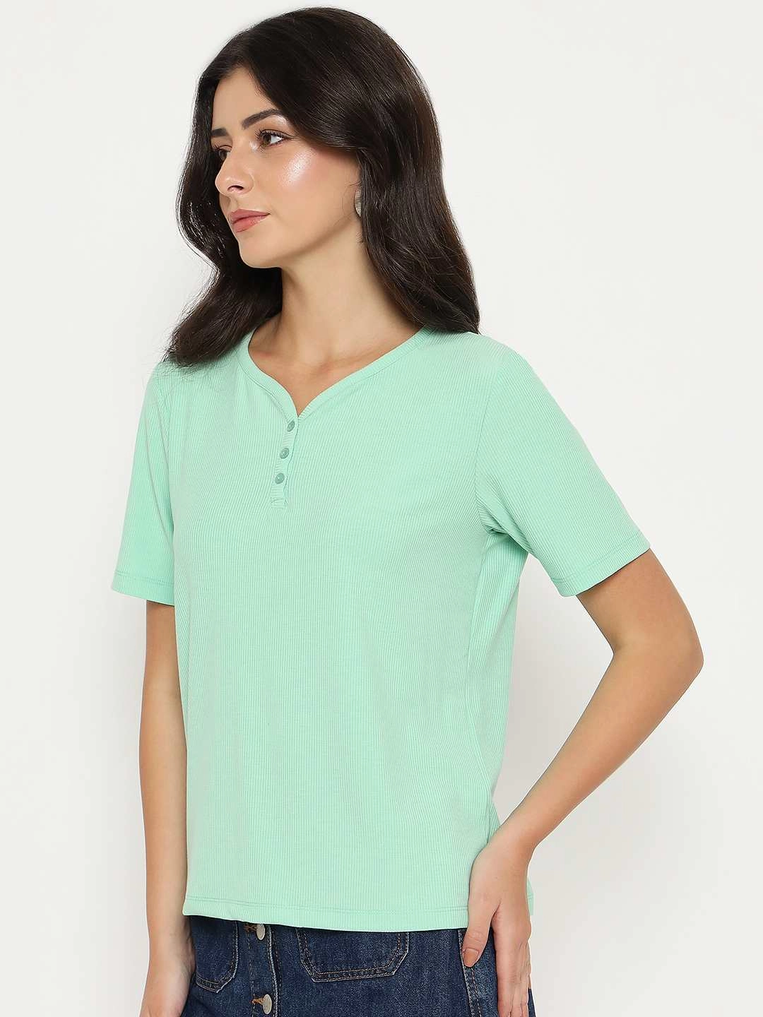 Wear Resistant Fabric Madame Henley Neck Solid Green T-Shirt