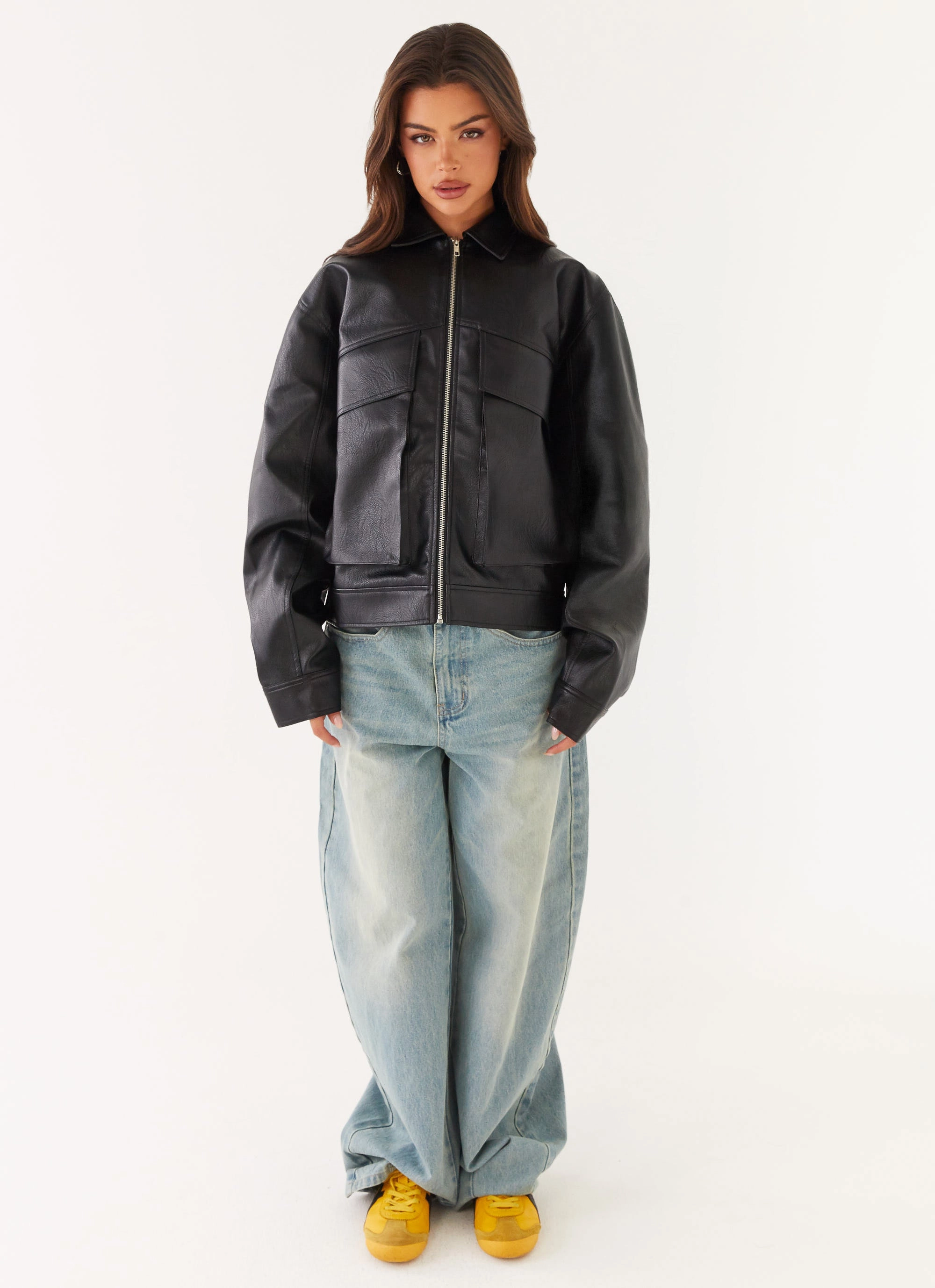 Casual Work Look Lula Faux Leather Bomber Jacket - Black