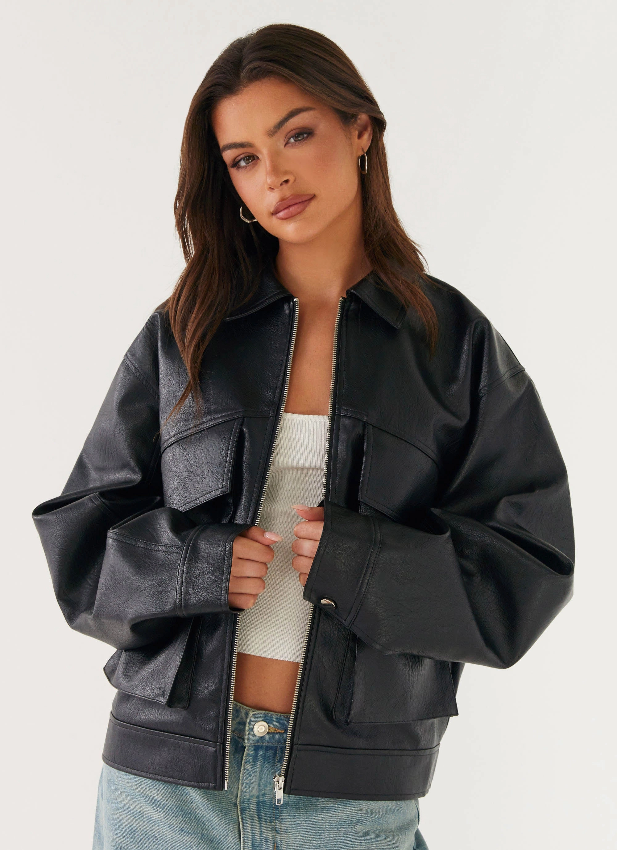 Lula Faux Leather Bomber Jacket - Black Casual Fit Layer Waist Belt
