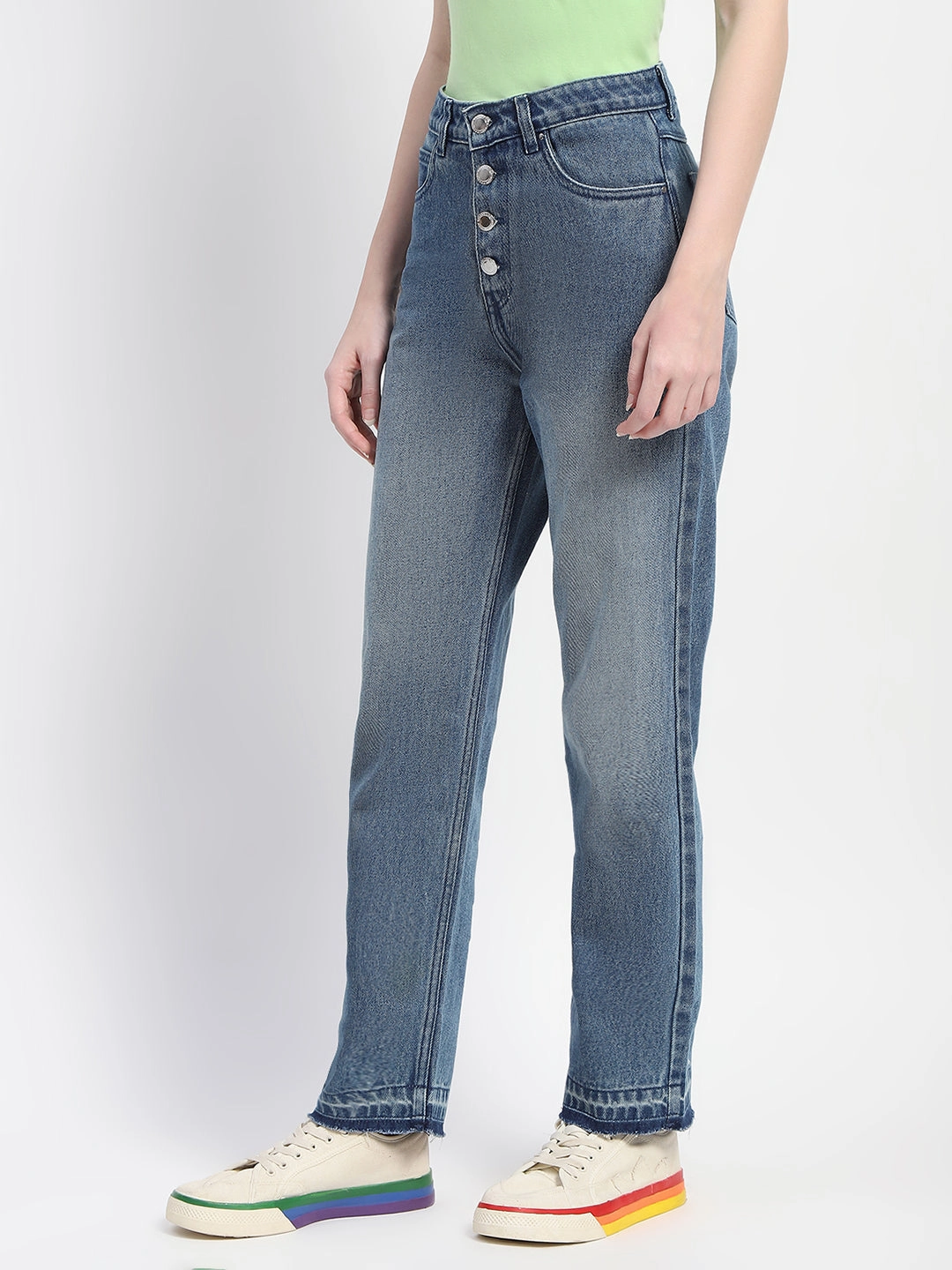Madame Four Buttoned Stone Wash High Waisted Blue Denim Fashion Routine