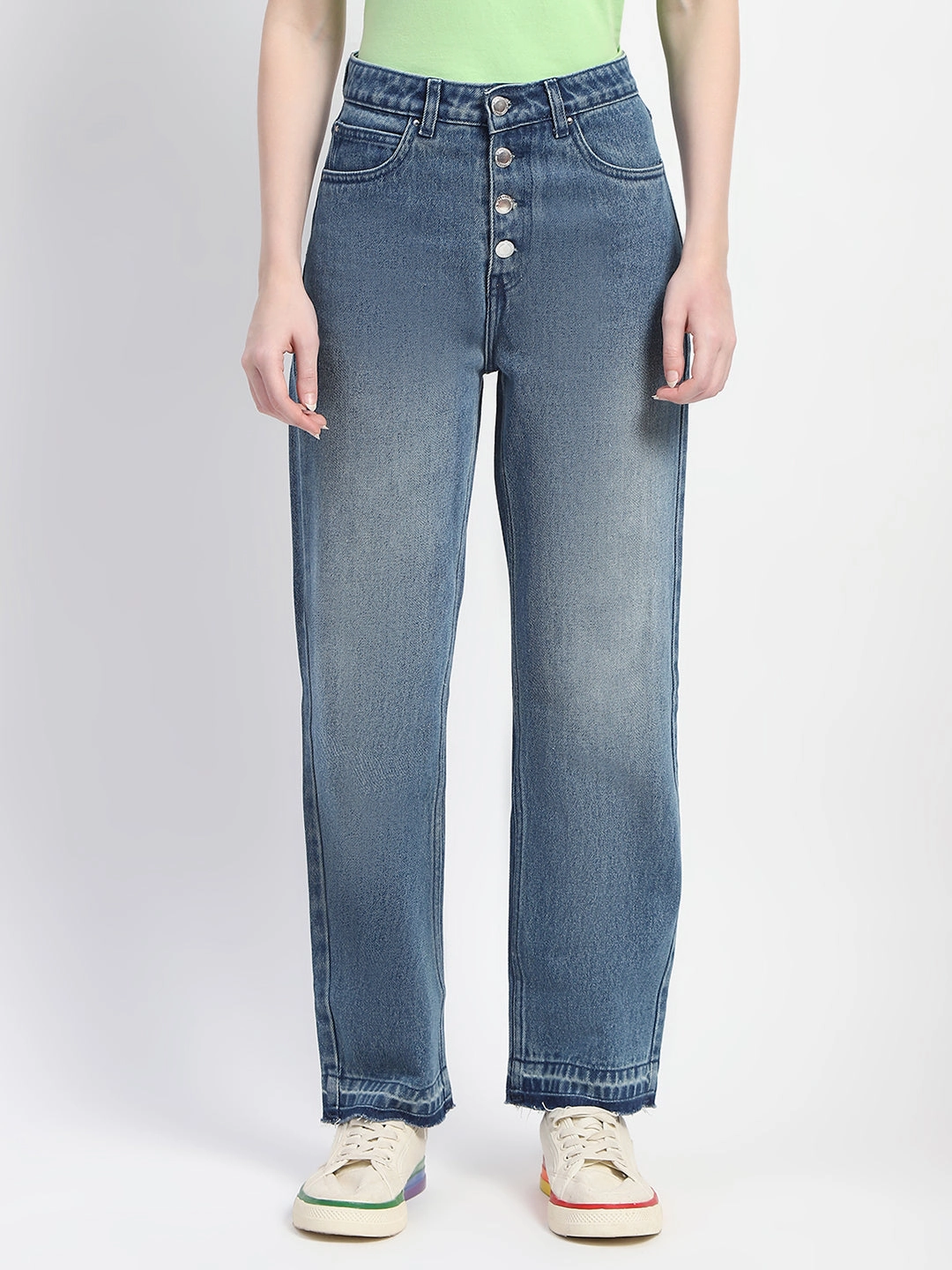 Function Fit Madame Four Buttoned Stone Wash High Waisted Blue Denim