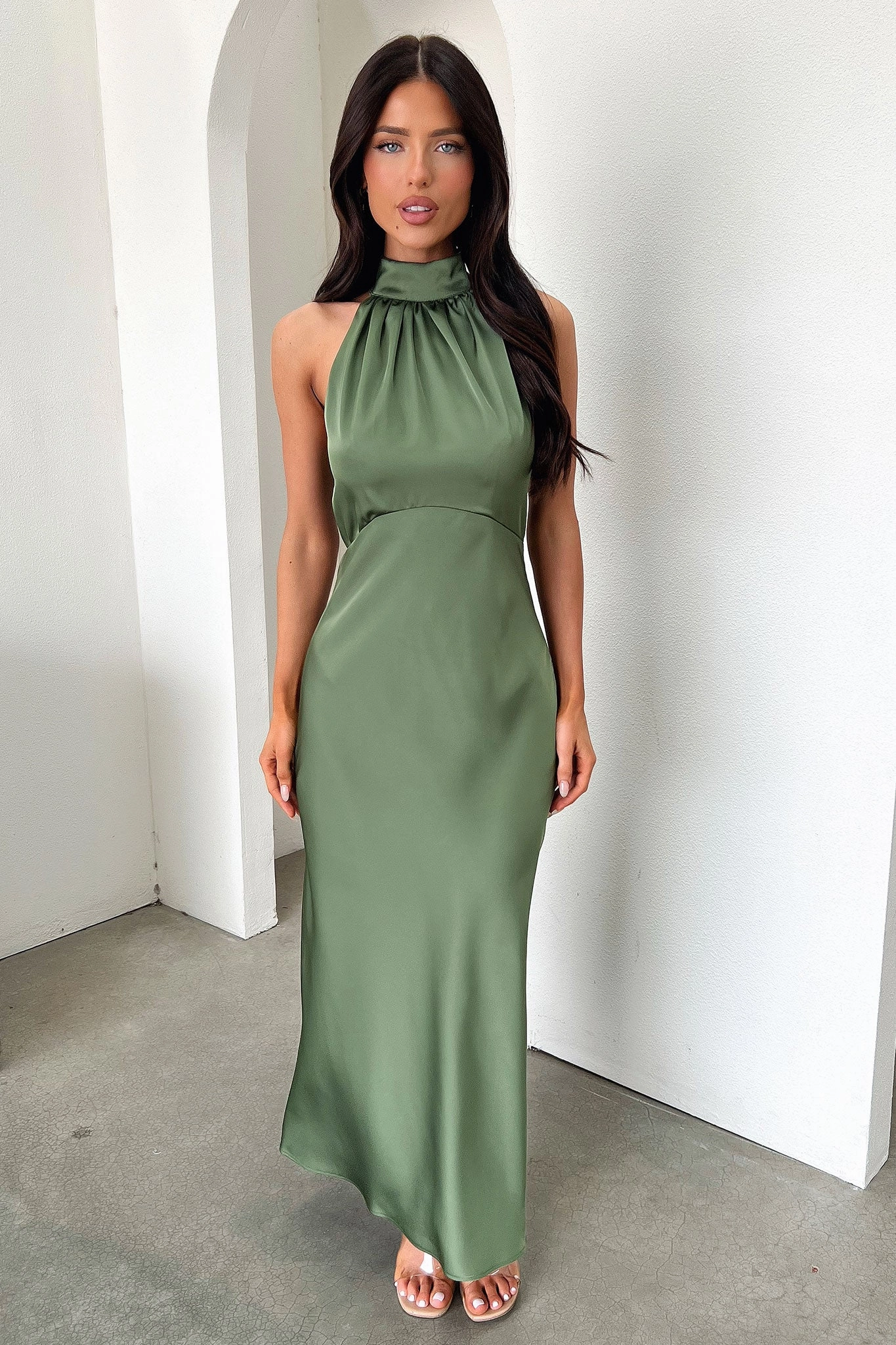 Abstract Pattern Elegant Waist Fit Daphne High Neck Maxi Dress - Olive