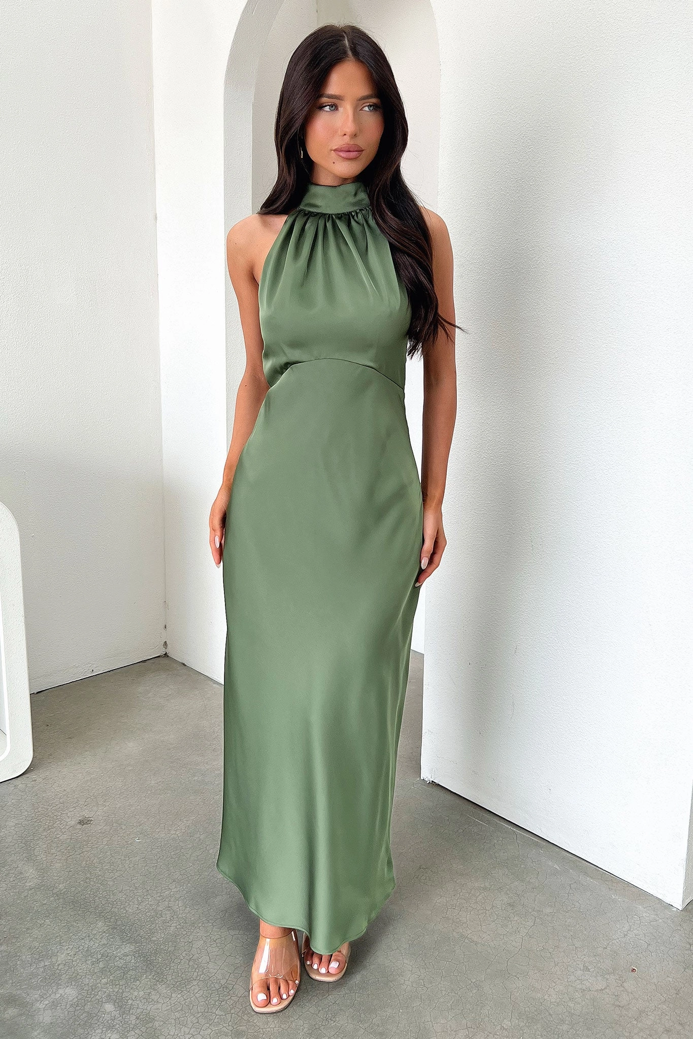 Daphne High Neck Maxi Dress - Olive Stream Cut Smart Waistband Design