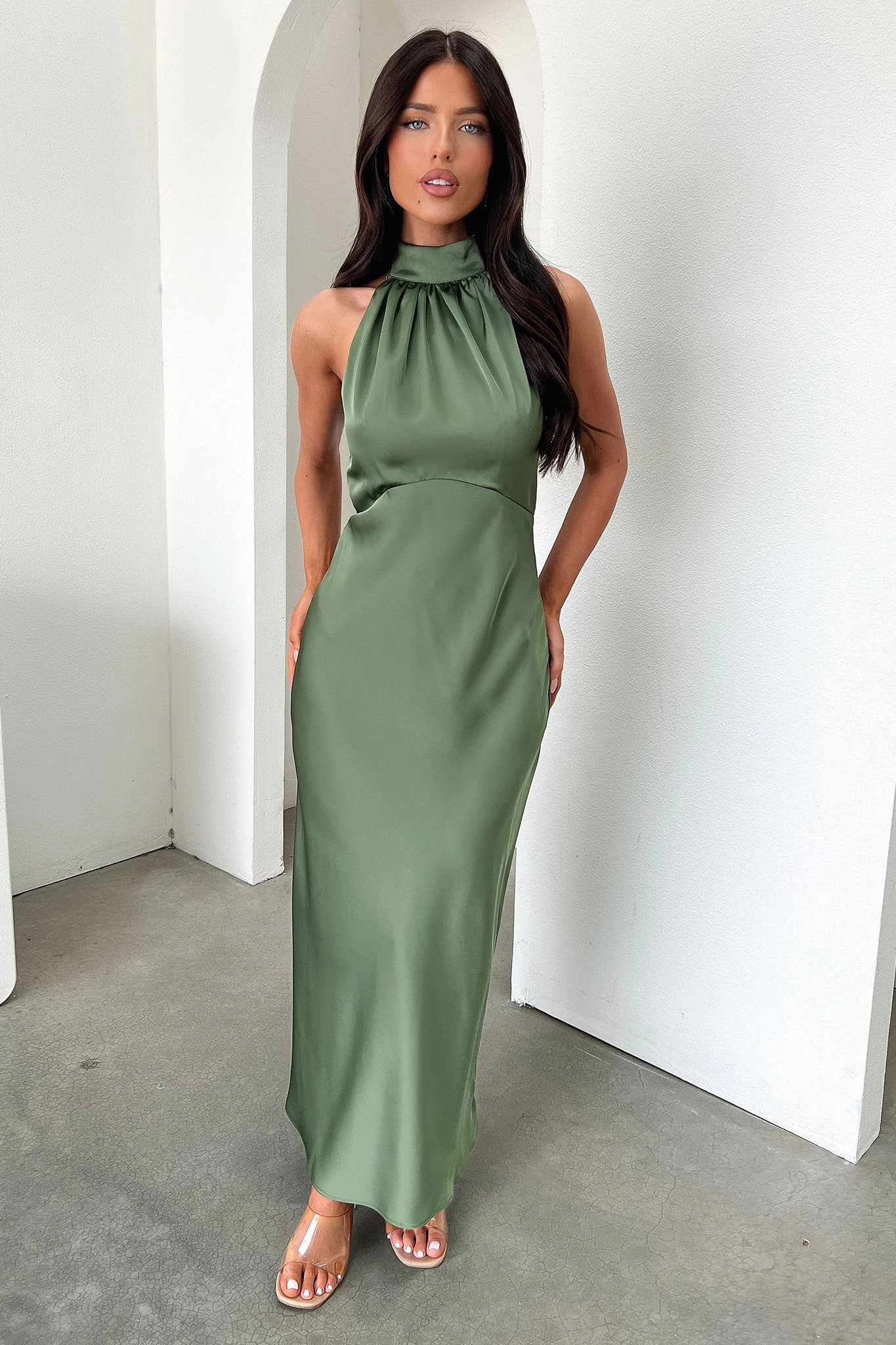 Daphne High Neck Maxi Dress - Olive Elastic-Waist