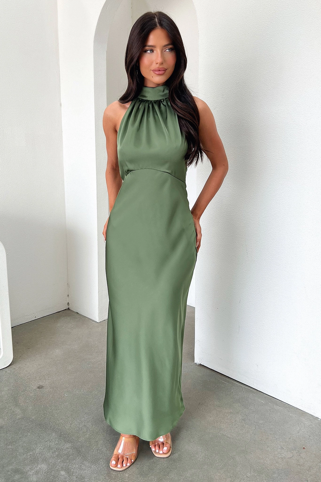 Effortless weekend dress Polished Edge Daphne High Neck Maxi Dress - Olive