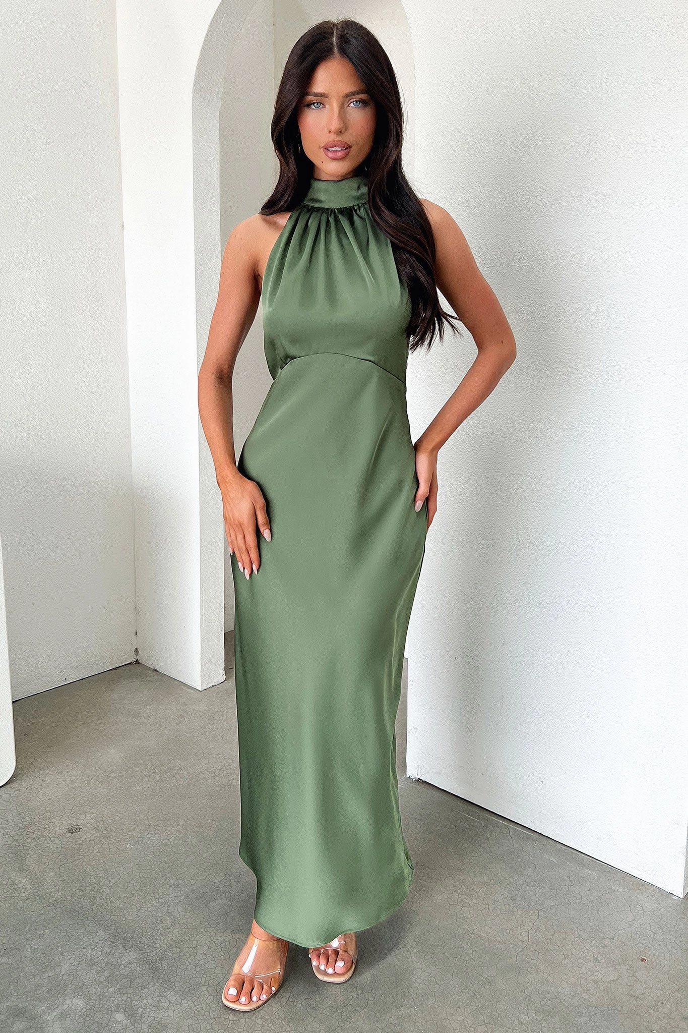 Elegant Silhouette Daphne High Neck Maxi Dress - Olive