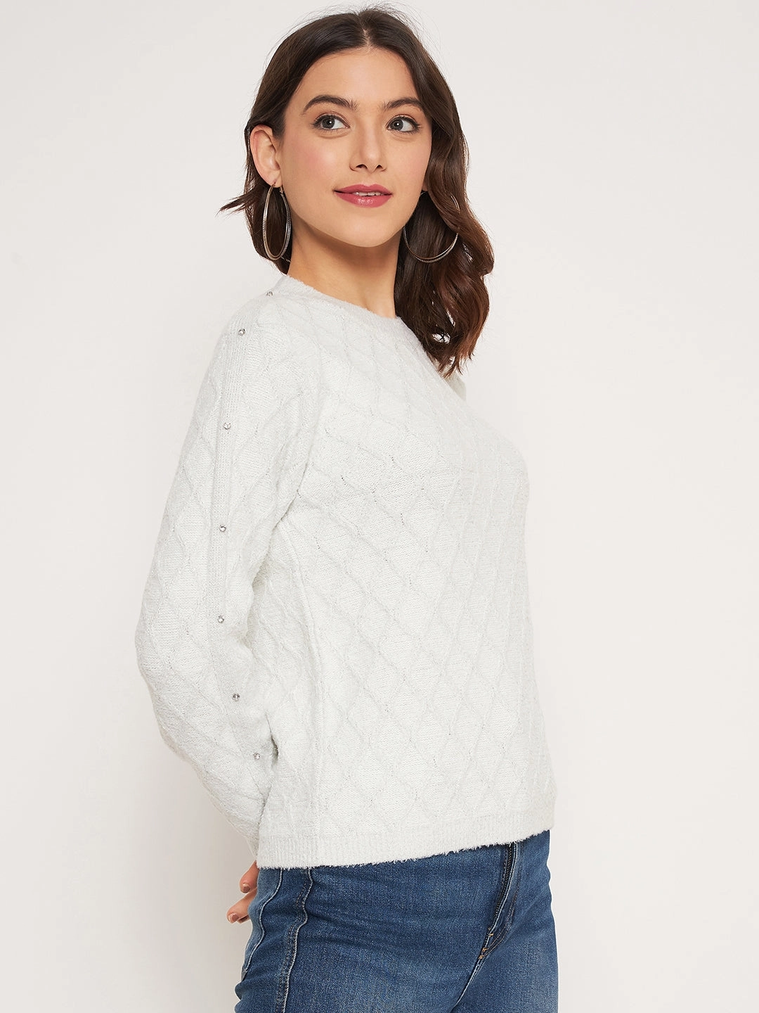 Cozy and trendy Madame Offwhite Solid Sweater