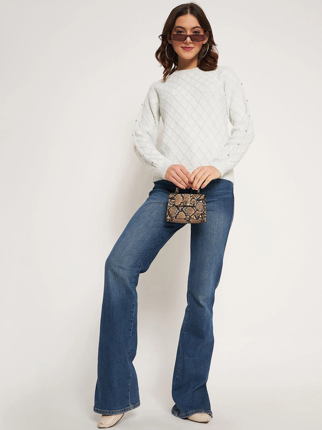 Warm Touch Flatlock stitching Madame Offwhite Solid Sweater