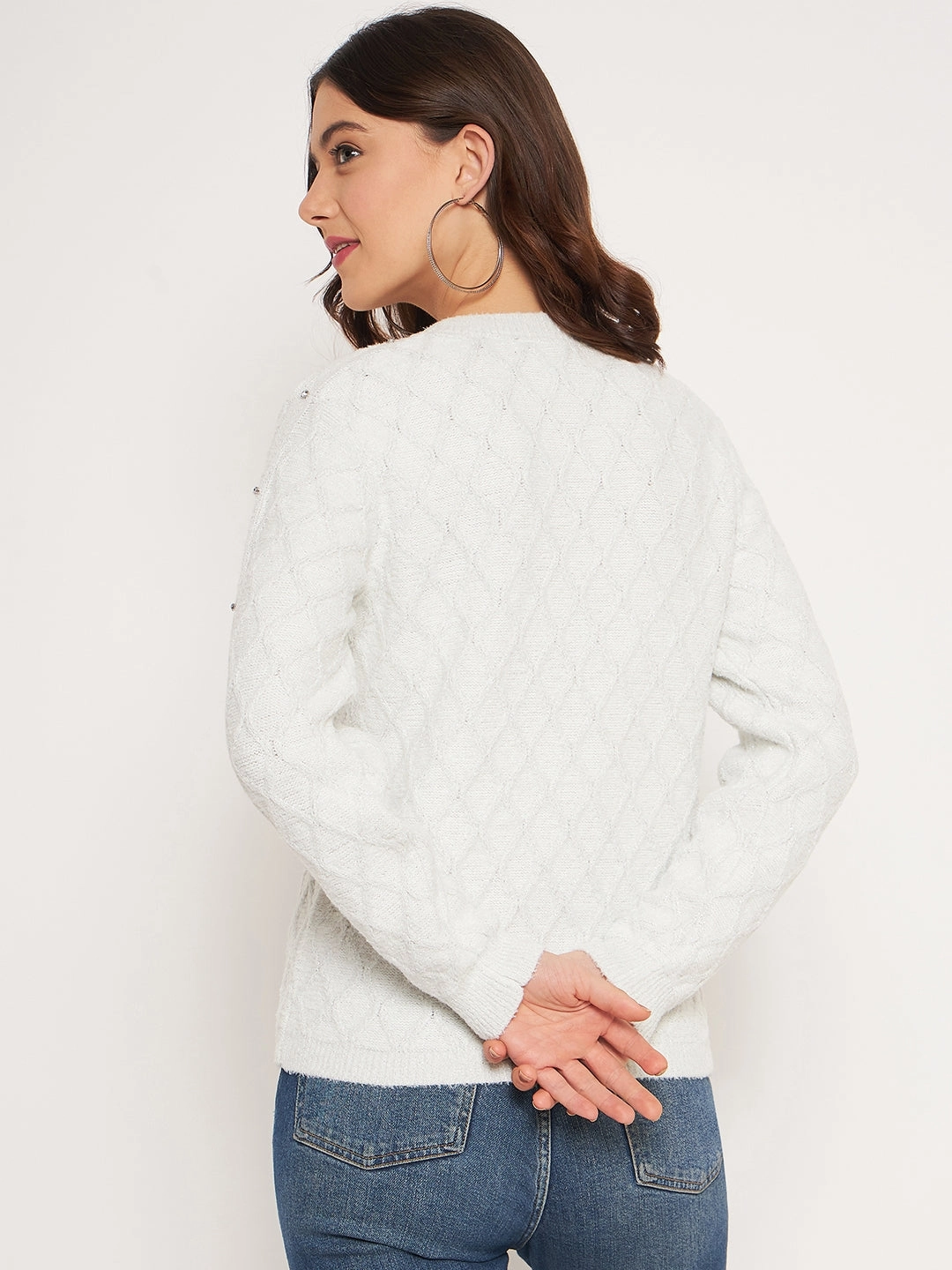 Madame Offwhite Solid Sweater Layered Fashion Quick Fit