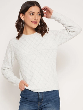 Premium Cotton Blend Soft Waistband Madame Offwhite Solid Sweater