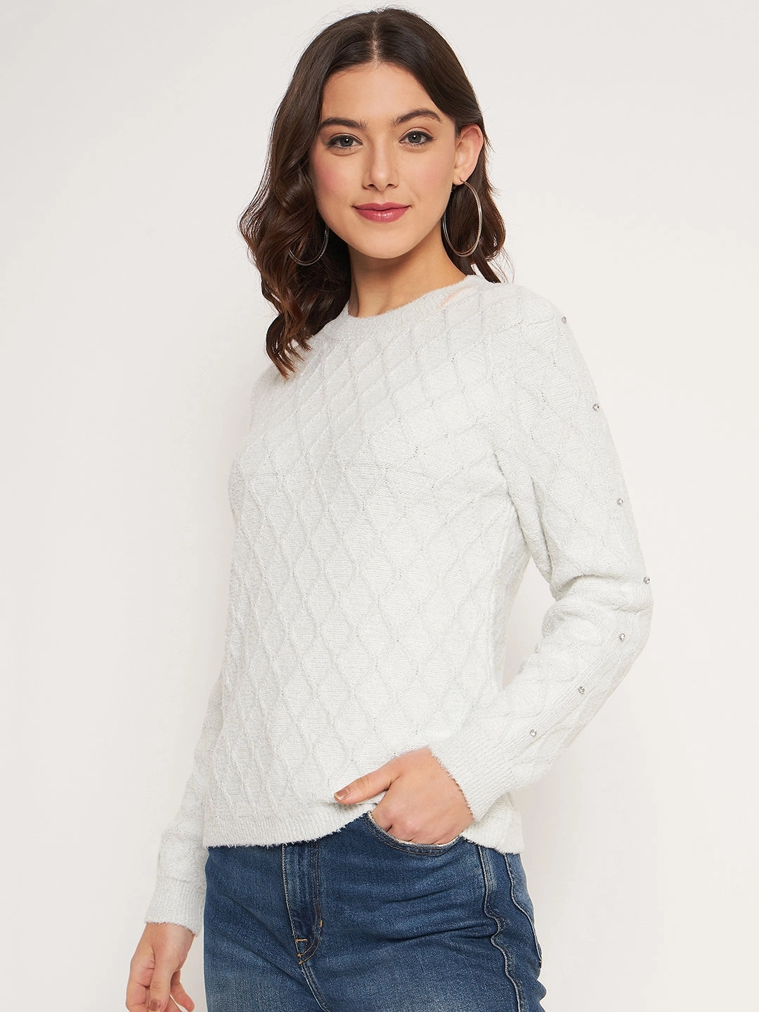 Madame Offwhite Solid Sweater Fashionable Wear