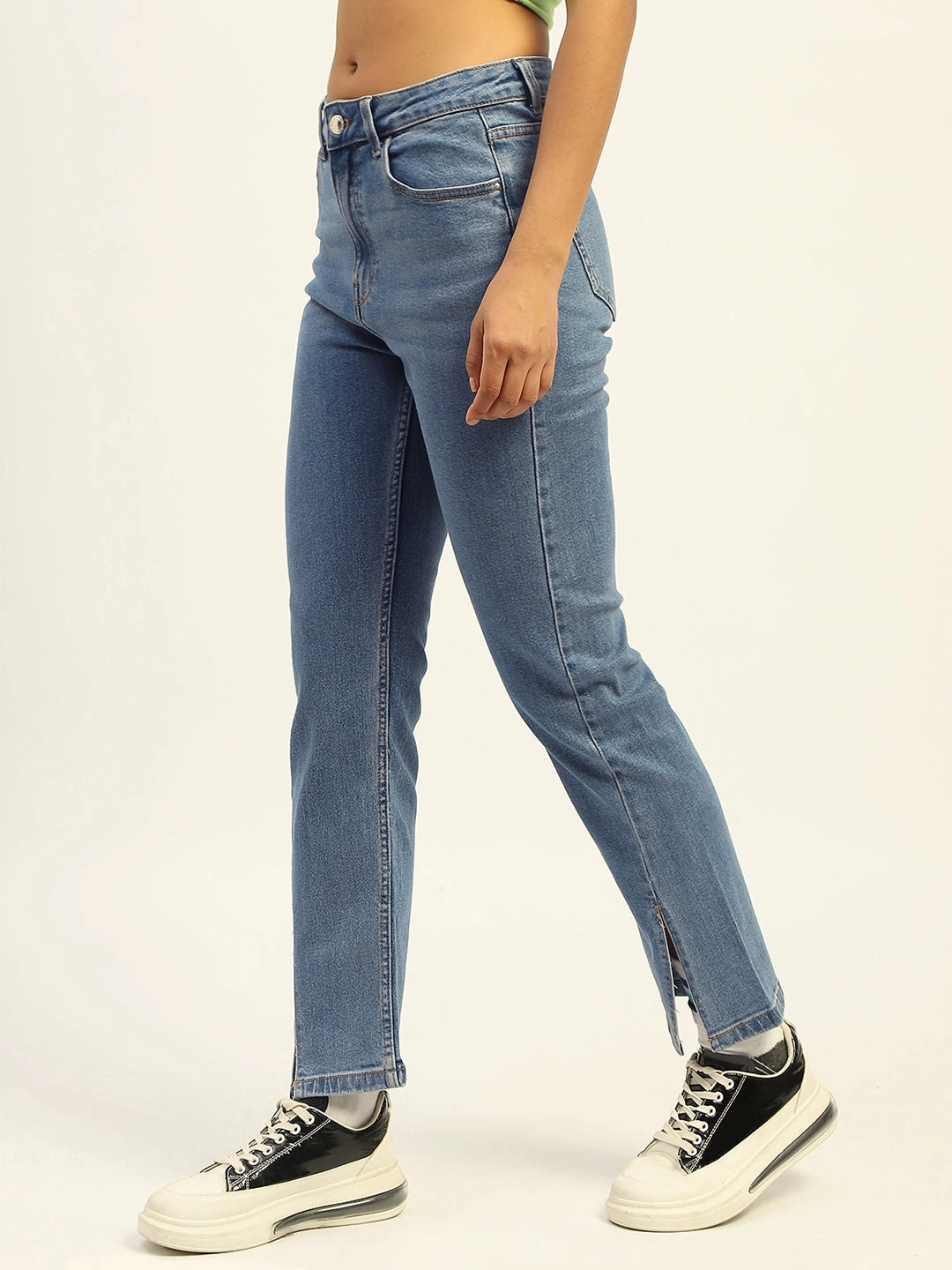 Hidden Rivet Details Trendy Comfort Madame Blue Straight Fit Cotton Denim