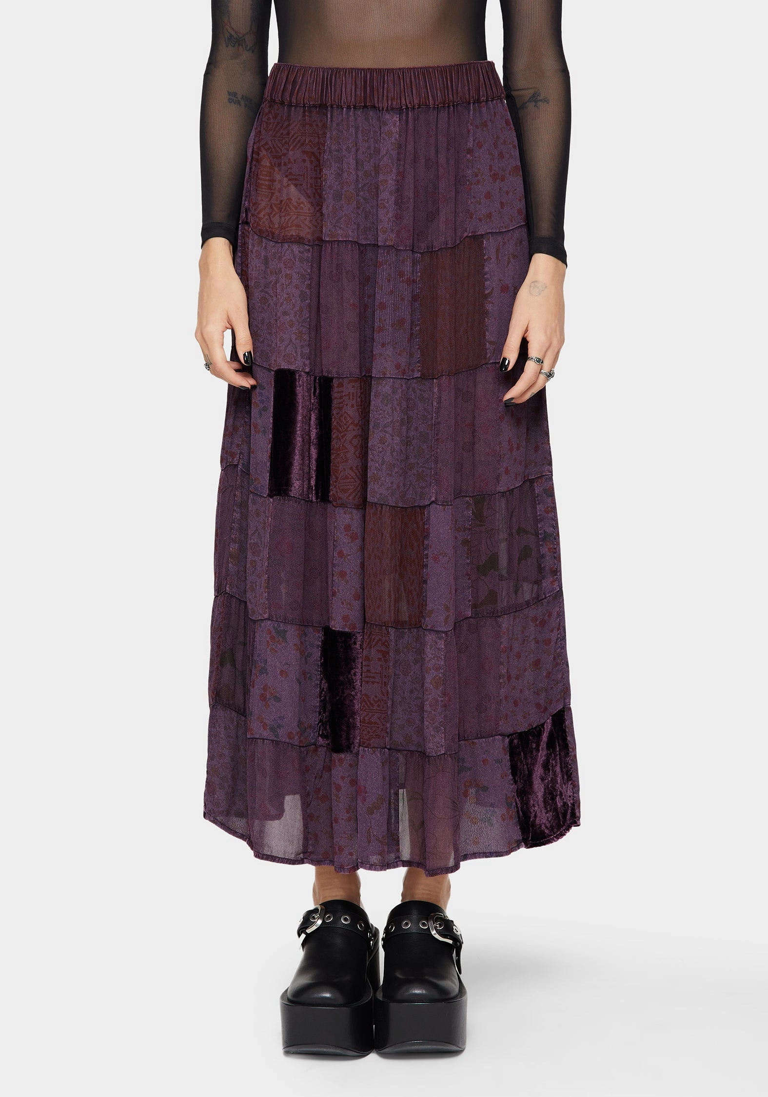 Mabel Floral Printed Patchwork Skirt Scalloped Edge Seasonal Layering