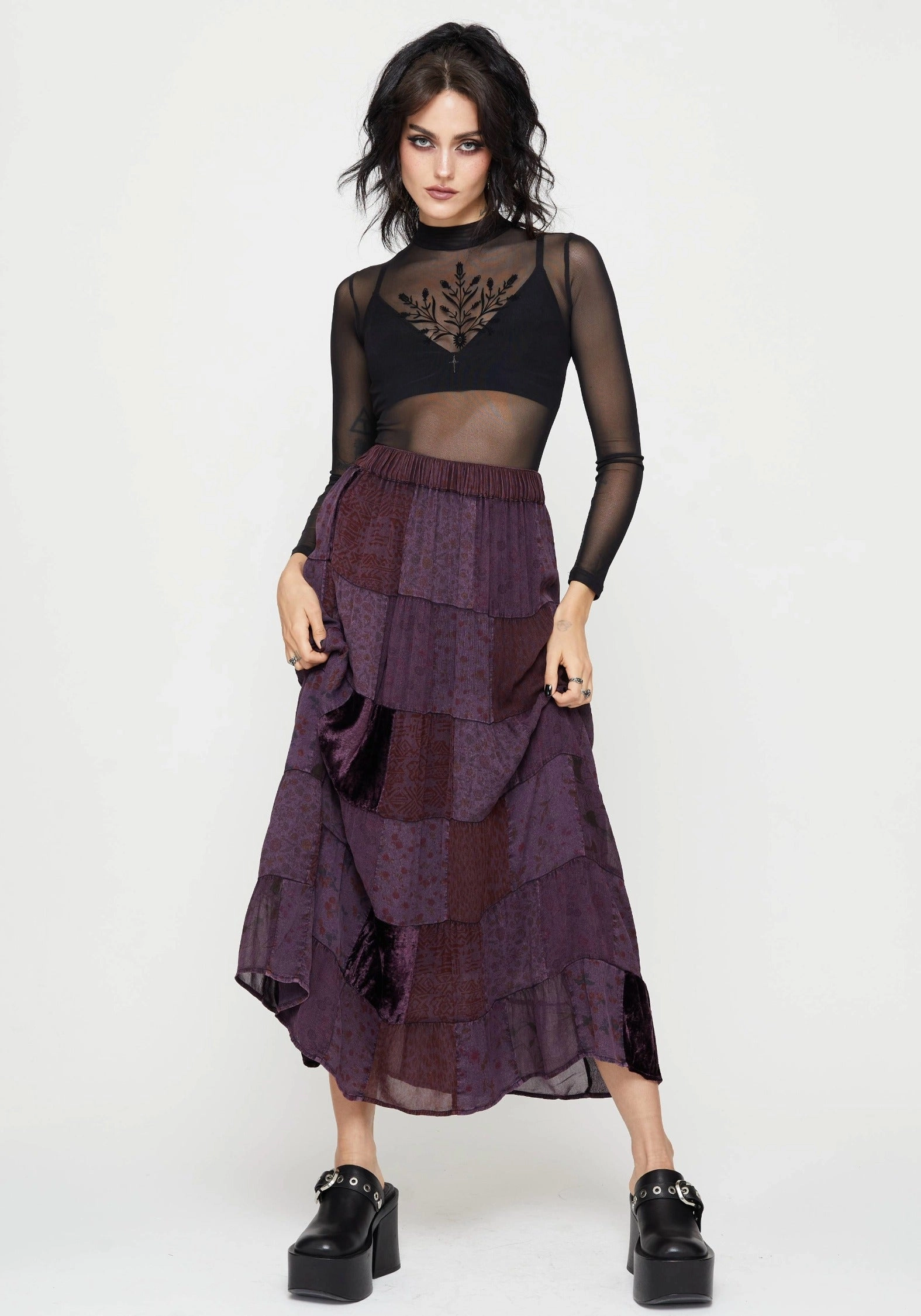 Mabel Floral Printed Patchwork Skirt Evening Outing Layered Hem