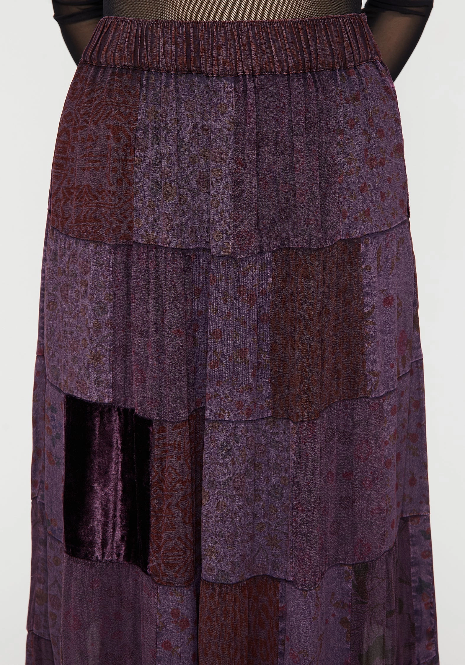 Mabel Floral Printed Patchwork Skirt Pleated Construction Tonal Layering