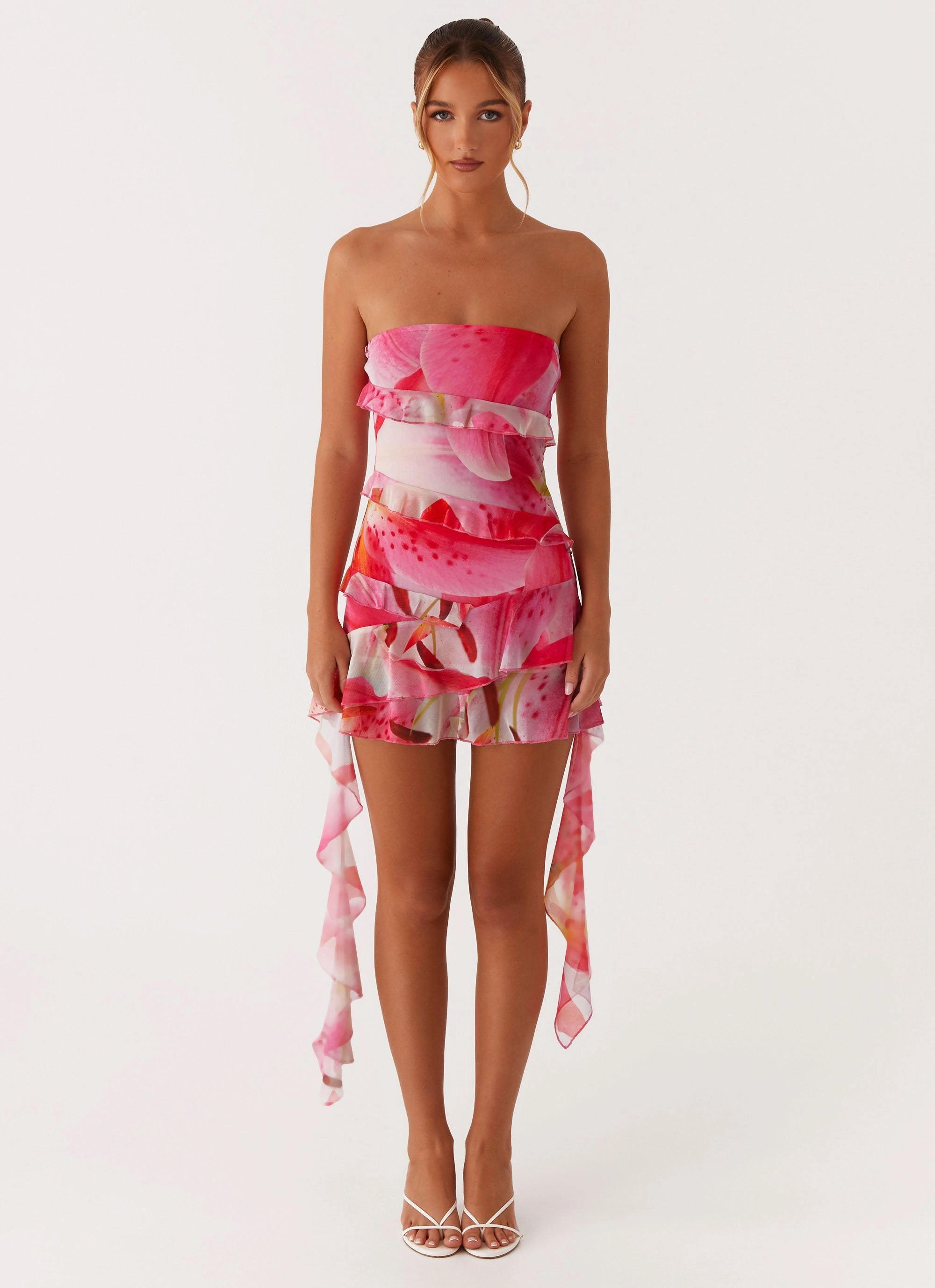Elegant Wearable Form Focus Macey Mini Dress - White Pink Lilly