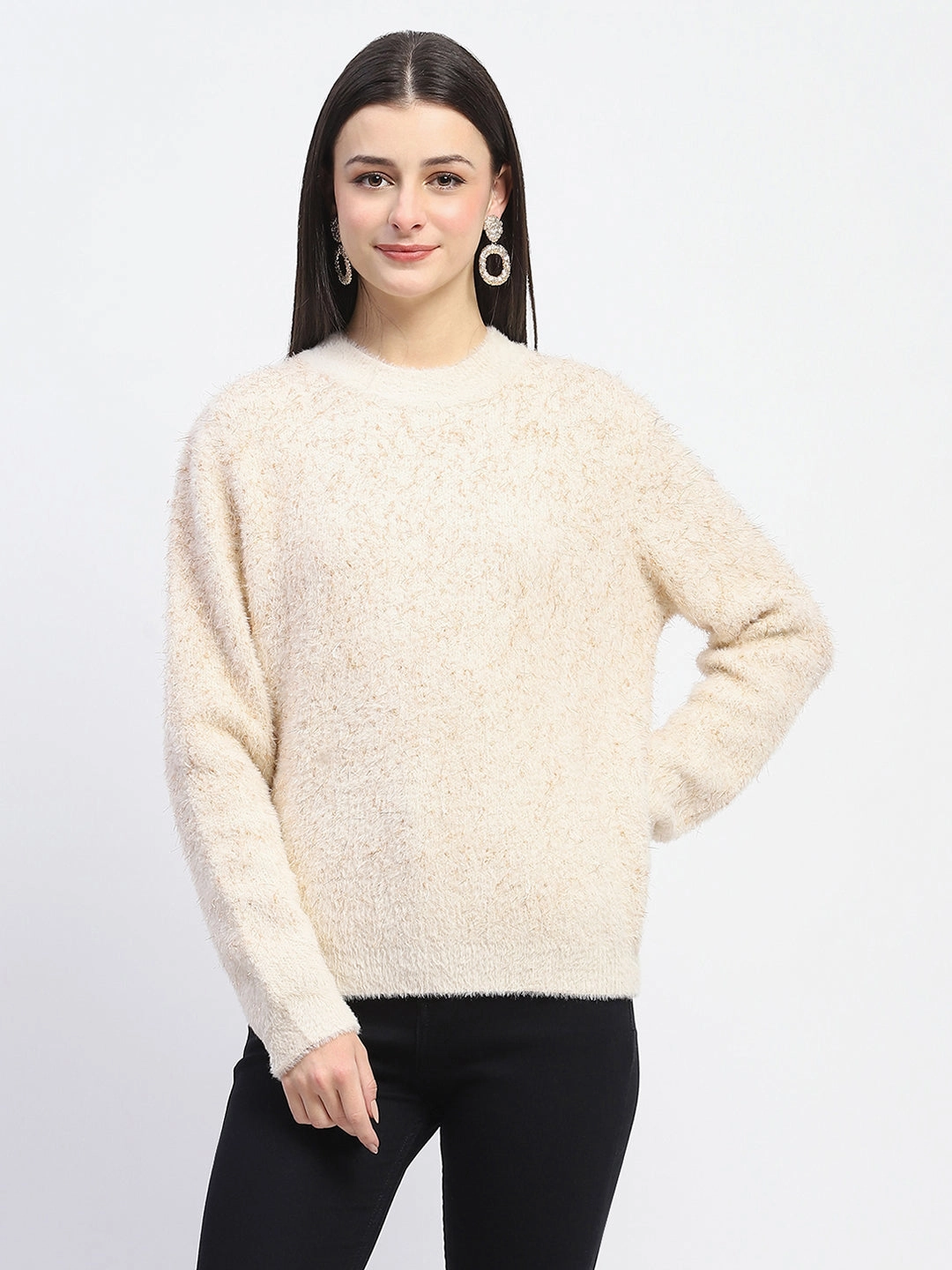 Madame Nylon Blend Full Sleeve Solid Beige Sweater Performance Fit Wear