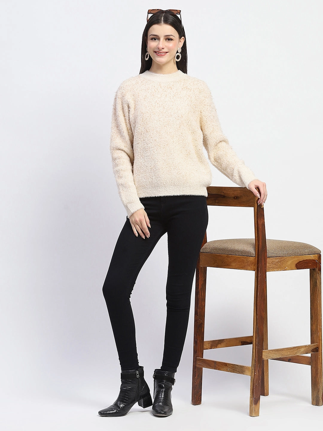 Madame Nylon Blend Full Sleeve Solid Beige Sweater Ultimate Knitwear