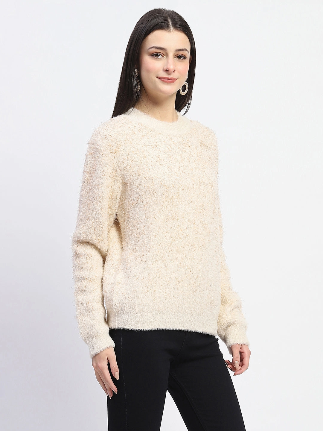 Madame Nylon Blend Full Sleeve Solid Beige Sweater Cozy & Soft Quick Dry Weave