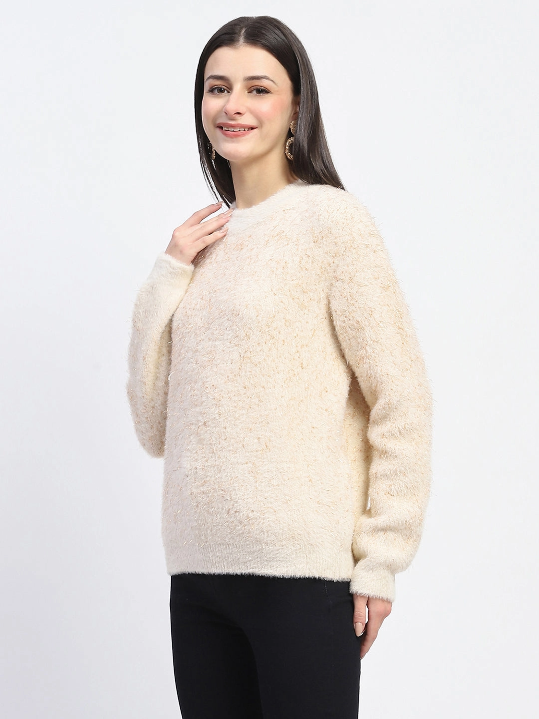 Low Maintenance Care Madame Nylon Blend Full Sleeve Solid Beige Sweater