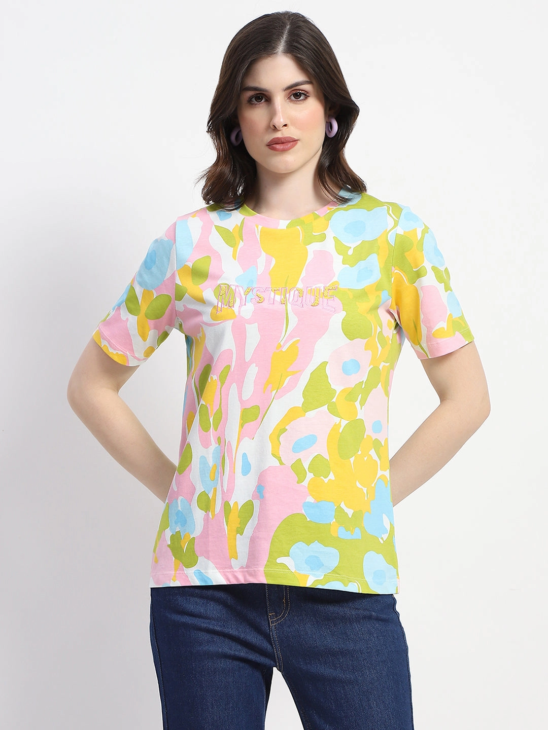 Madame Abstract And Typography Print White Cotton T-Shirt Timeless Fashion Easy Comfort