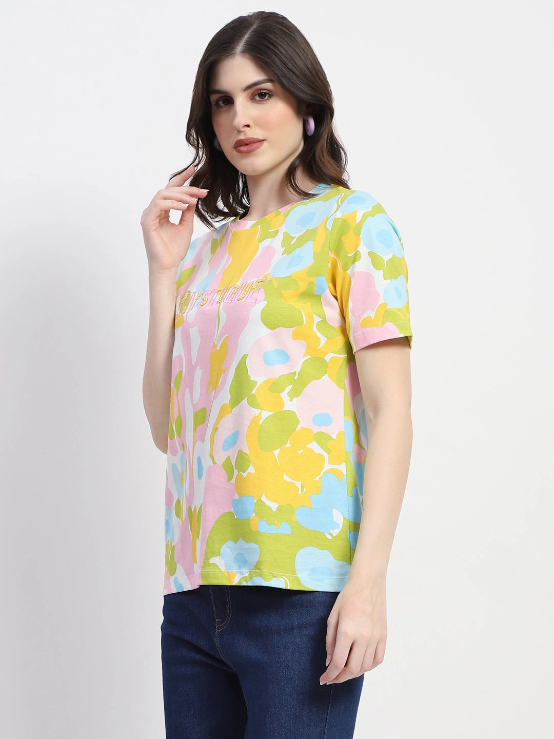 Quick Dry Comfort Summer Comfort Madame Abstract And Typography Print White Cotton T-Shirt