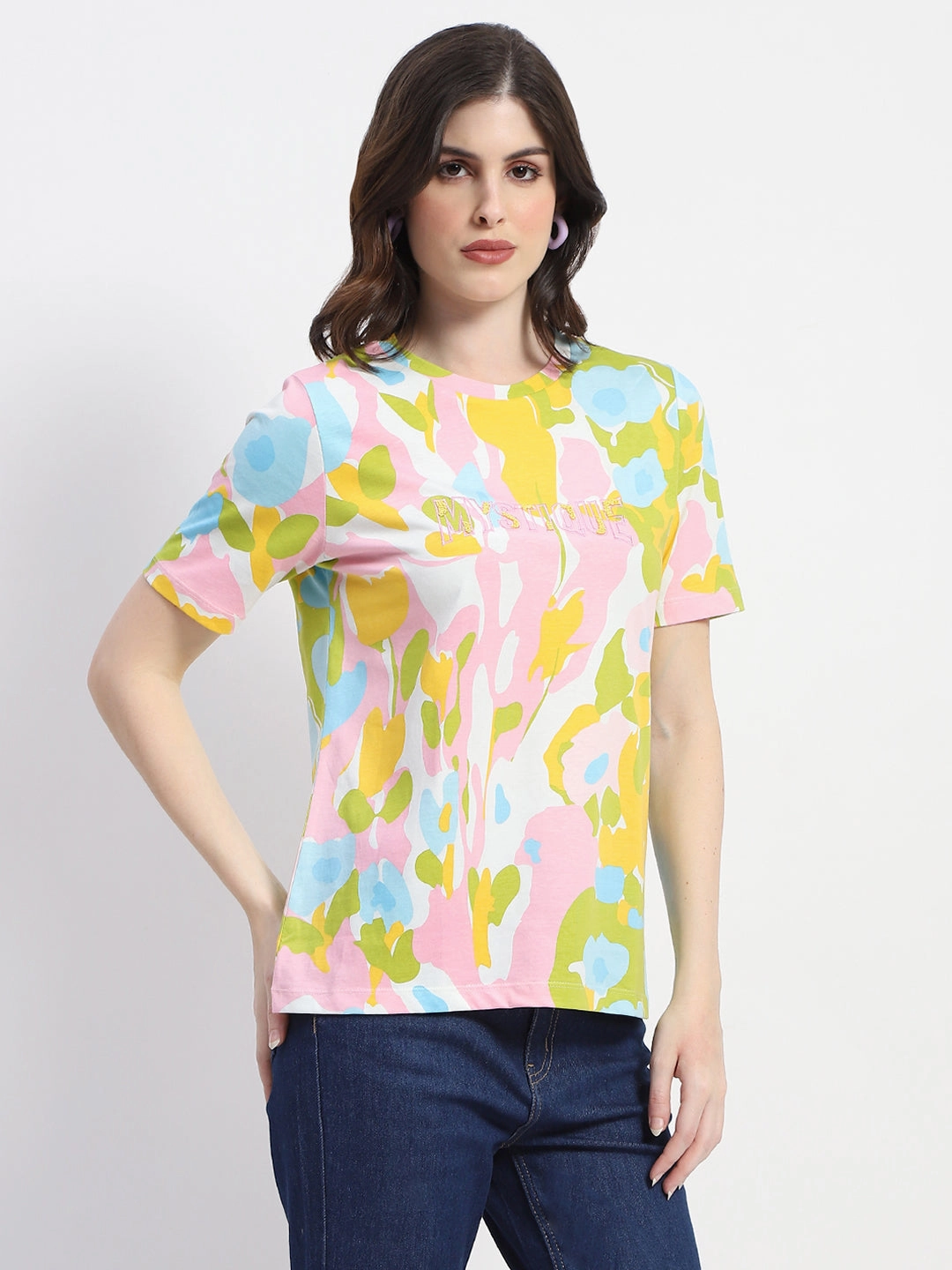 Natural Fiber Blend Madame Abstract And Typography Print White Cotton T-Shirt