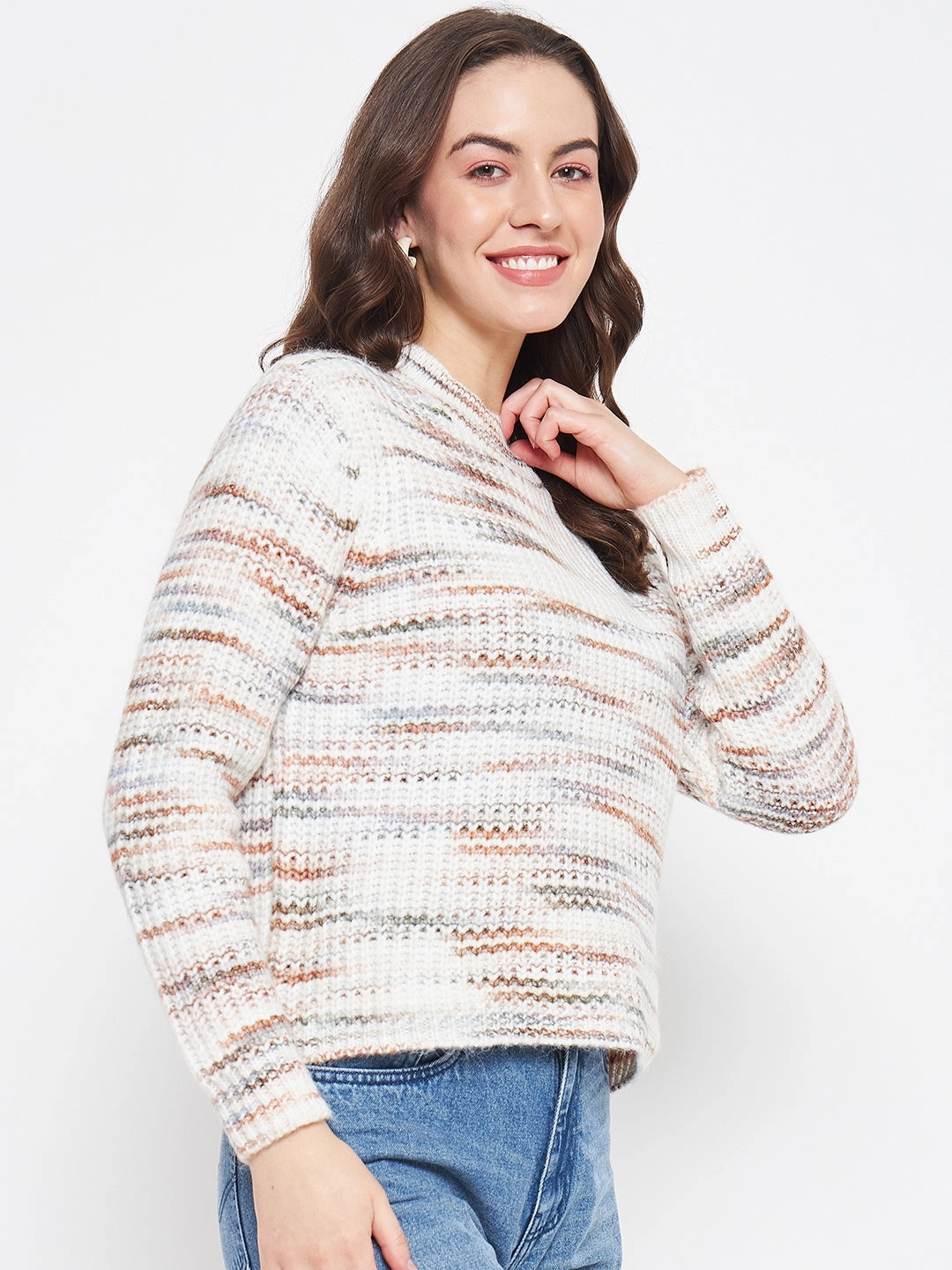 Seasonal Wear Madame Abstract Knit White Sweater For Women