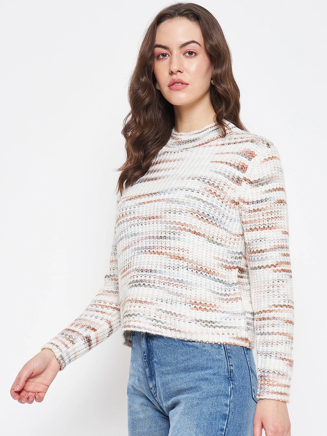 Madame Abstract Knit White Sweater For Women Odor Resistant Material Breathable touch