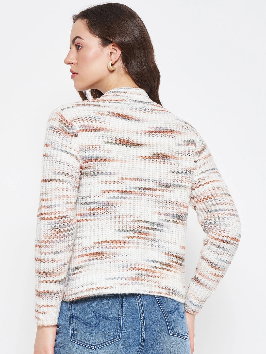 Relaxed Neckline Madame Abstract Knit White Sweater For Women