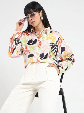 All Day Comfort Tech Madame Abstract Print Buttoned Off White Linen Shirt
