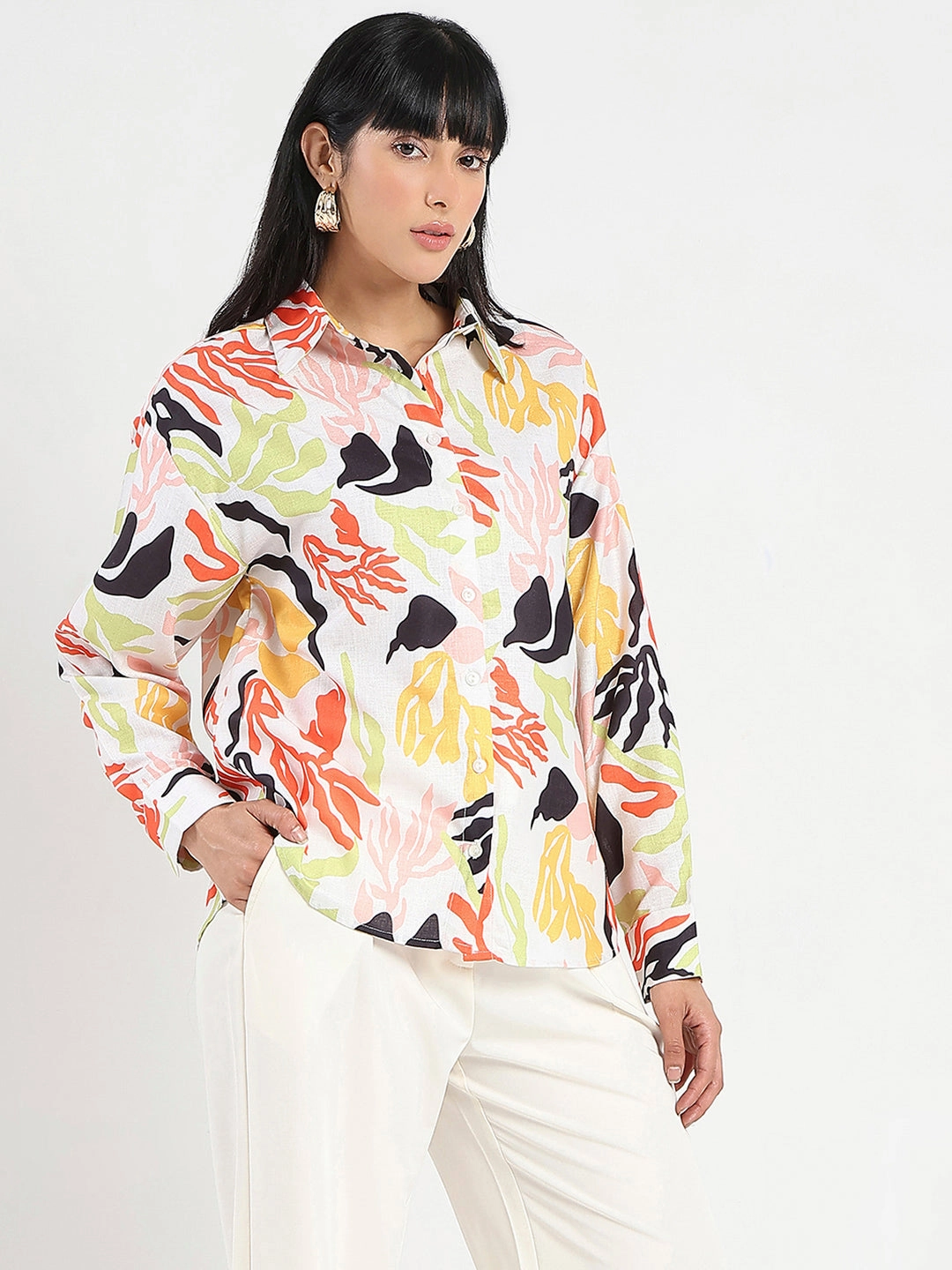 Anti Static Treatment Madame Abstract Print Buttoned Off White Linen Shirt