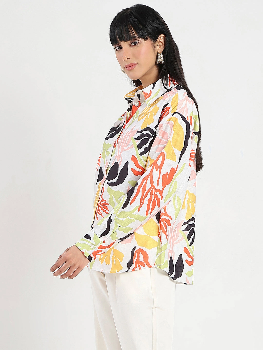 Madame Abstract Print Buttoned Off White Linen Shirt Chic Design Sporty Style