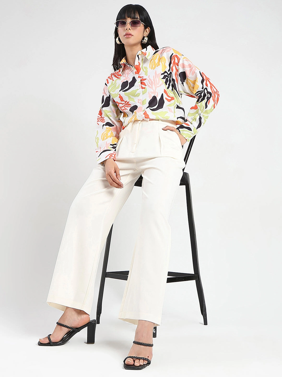 Madame Abstract Print Buttoned Off White Linen Shirt Light Comfort Spring Trend