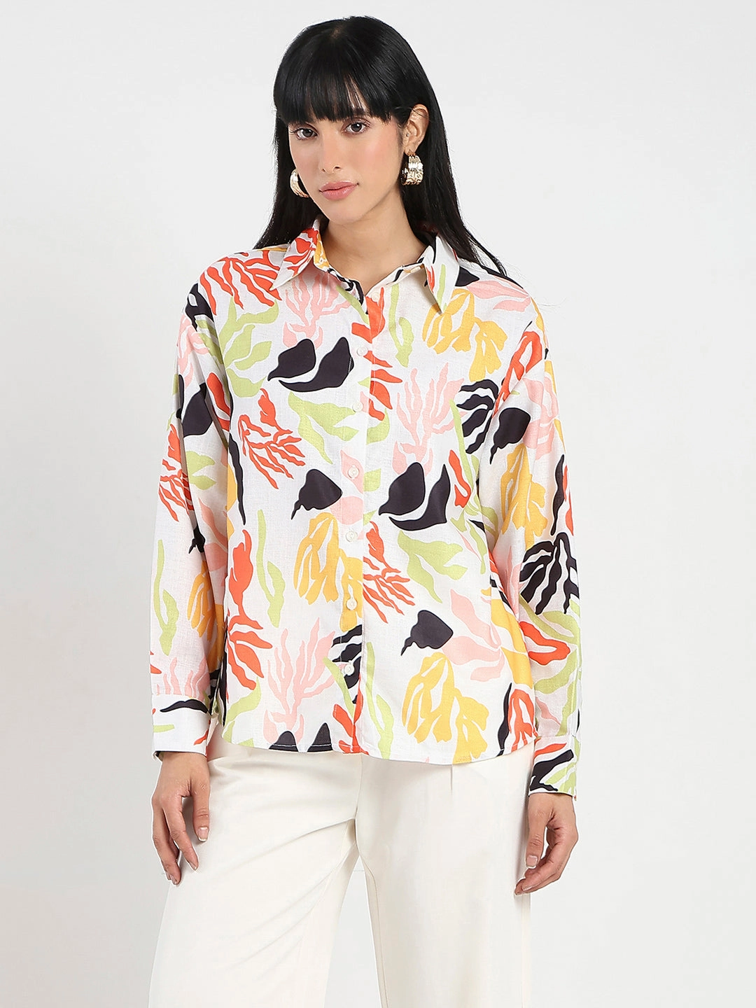 Wardrobe Essential Madame Abstract Print Buttoned Off White Linen Shirt