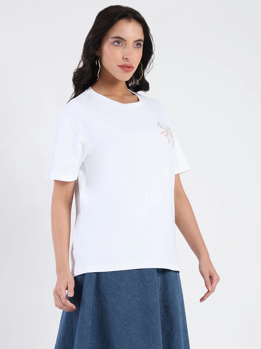 Madame Accessory Patch Detail Graphic Print White T-shirt All-Day Comfort Wear Casual Appeal