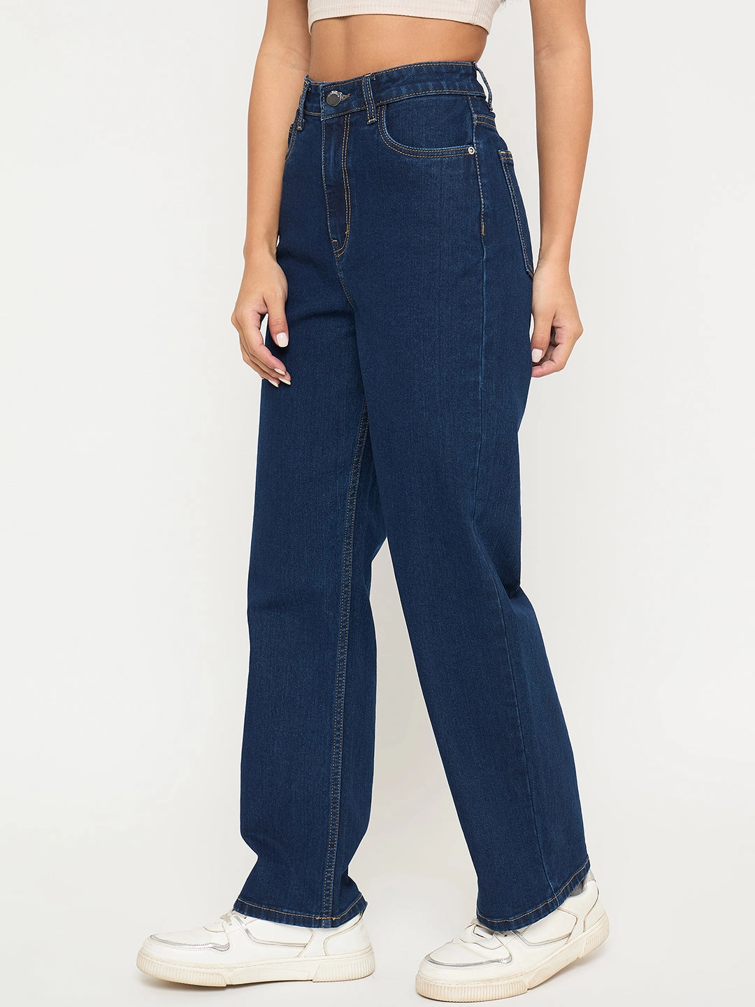Outdoor Adventure Adult Fashion Madame Acid Wash Dark Blue Cotton Blend Straight Jeans