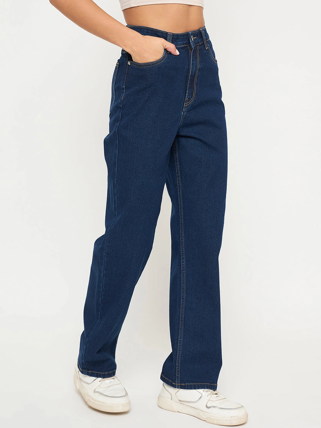 Madame Acid Wash Dark Blue Cotton Blend Straight Jeans Family Style Casual Work Meeting