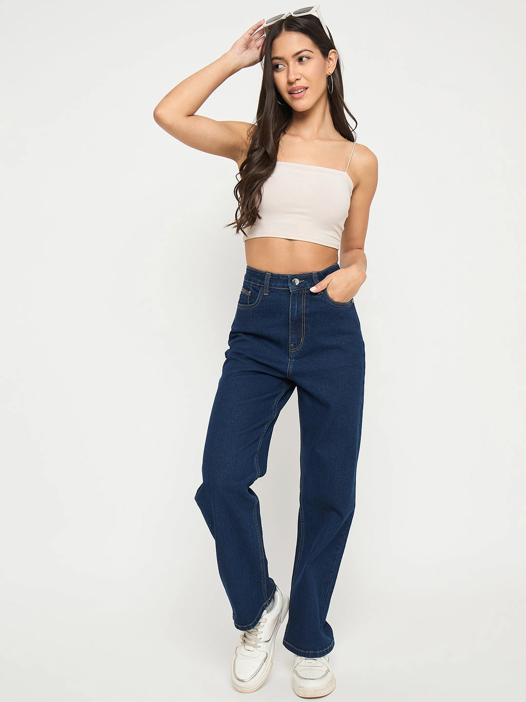 Madame Acid Wash Dark Blue Cotton Blend Straight Jeans Active Comfort Move With Ease