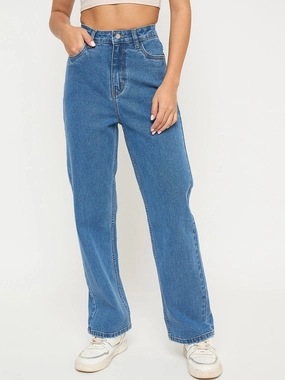 Madame Acid Wash Mid Blue Cotton Blend Straight Jeans Faded Wash Chill Mode