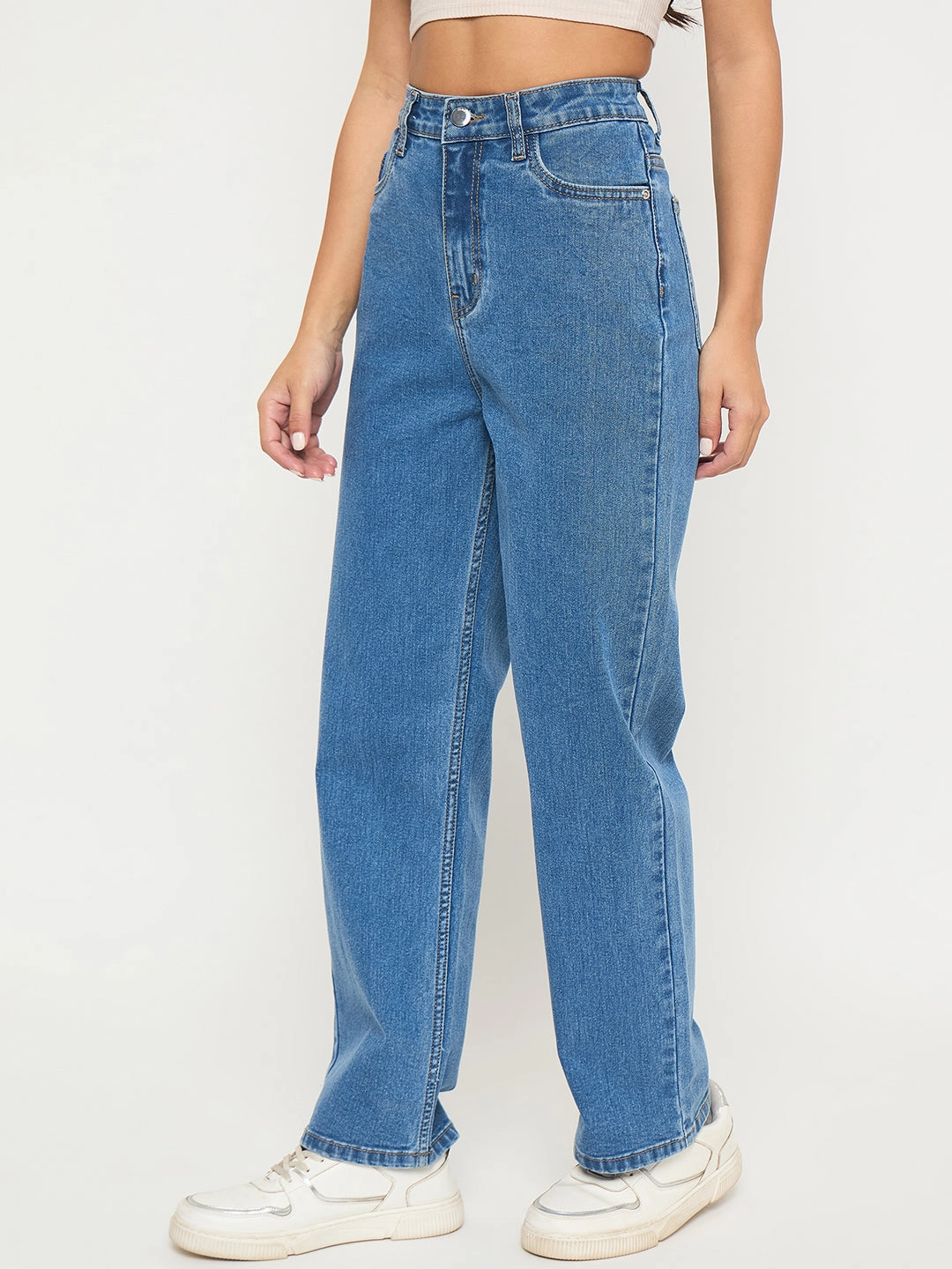 Madame Acid Wash Mid Blue Cotton Blend Straight Jeans Travel Essential Modern Fit