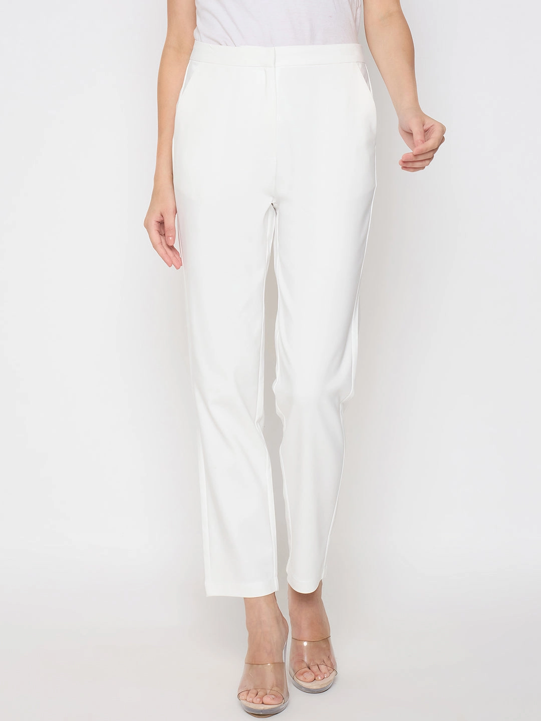 Madame Alex Waist Belt Detail Solid White Trousers Training Comfort Smooth Fit Lining