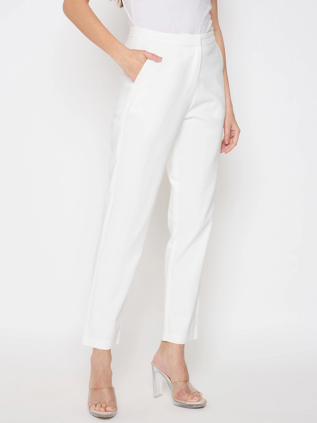Wrinkle Free Fabric Relax Fit Design Madame Alex Waist Belt Detail Solid White Trousers