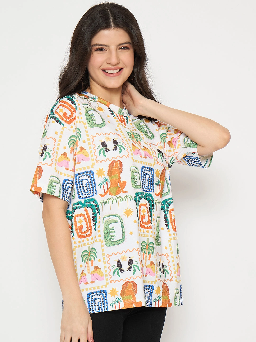 Stylish Wear Thermal Regulating Layer Madame All Over Graphic Print White T-shirt