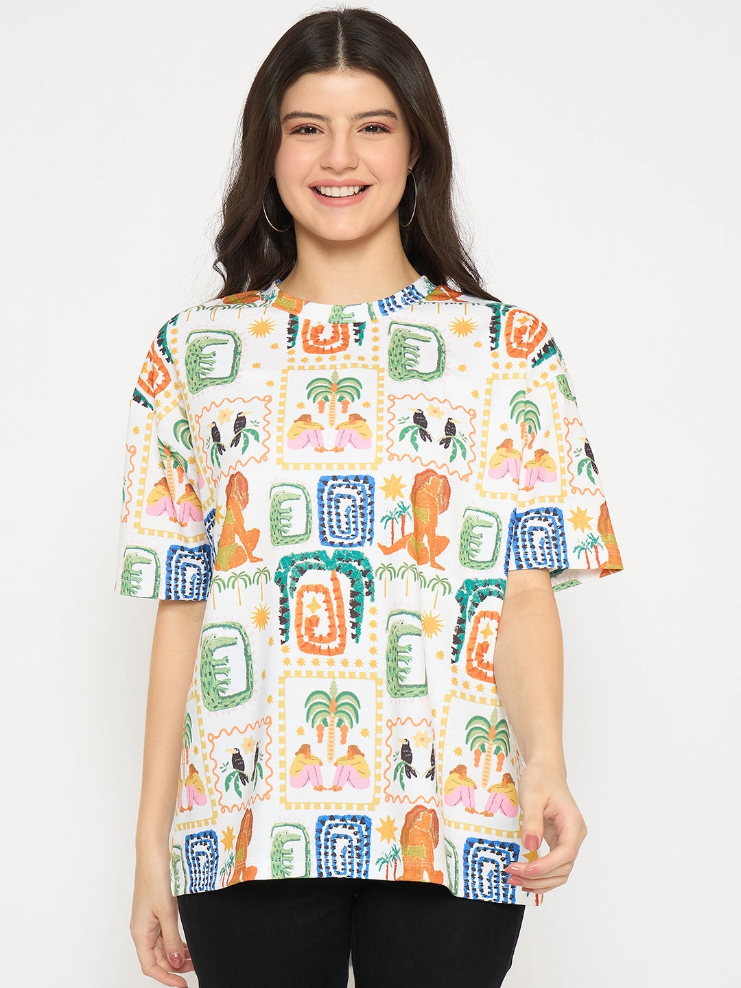 Madame All Over Graphic Print White T-shirt Casual Flex Wear