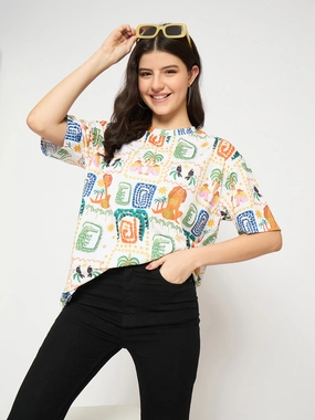 Sporty Appeal Fresh Style Madame All Over Graphic Print White T-shirt