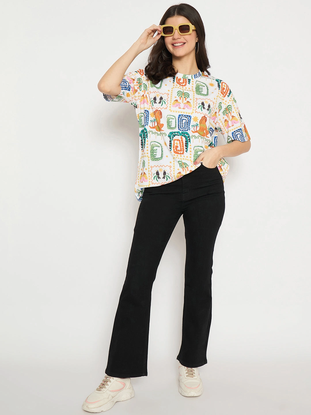 Circular Knit Construction Comfy Stretch Madame All Over Graphic Print White T-shirt